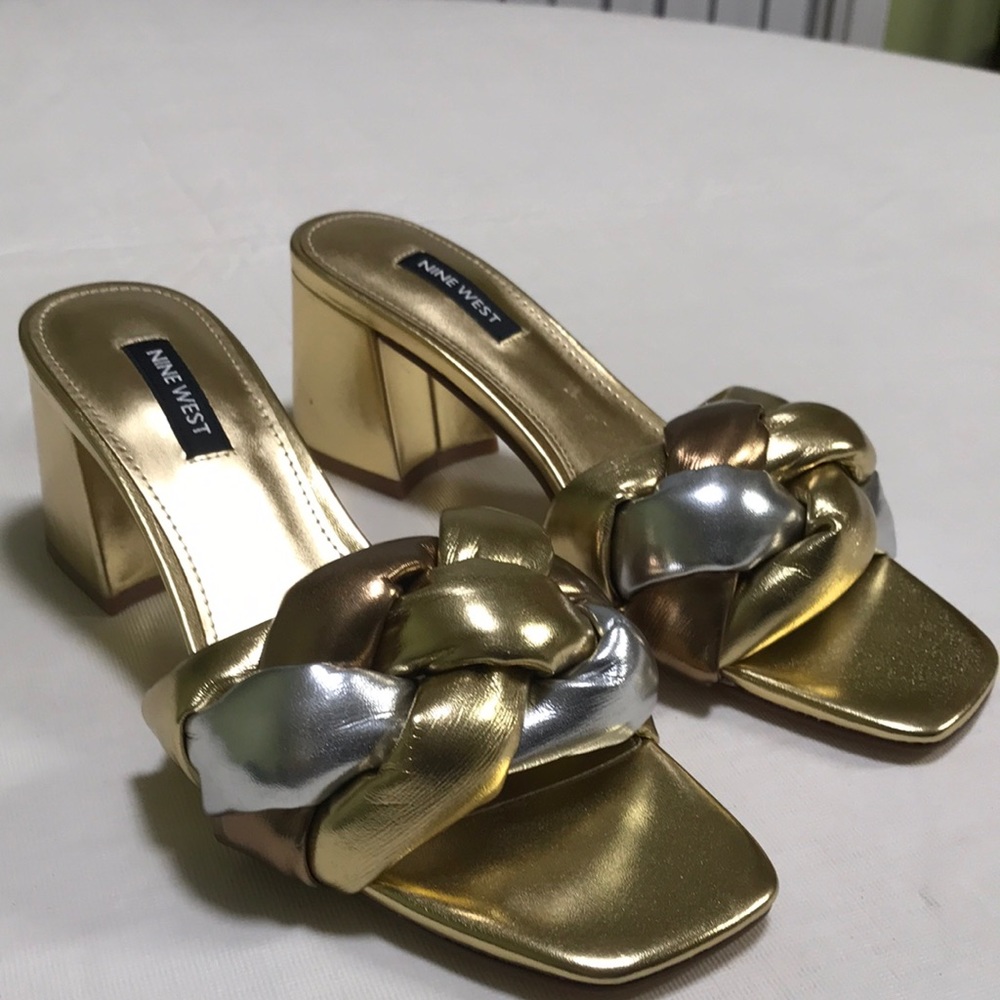 Nine West Gold Metallic Braided Block Heel Slide Sandals